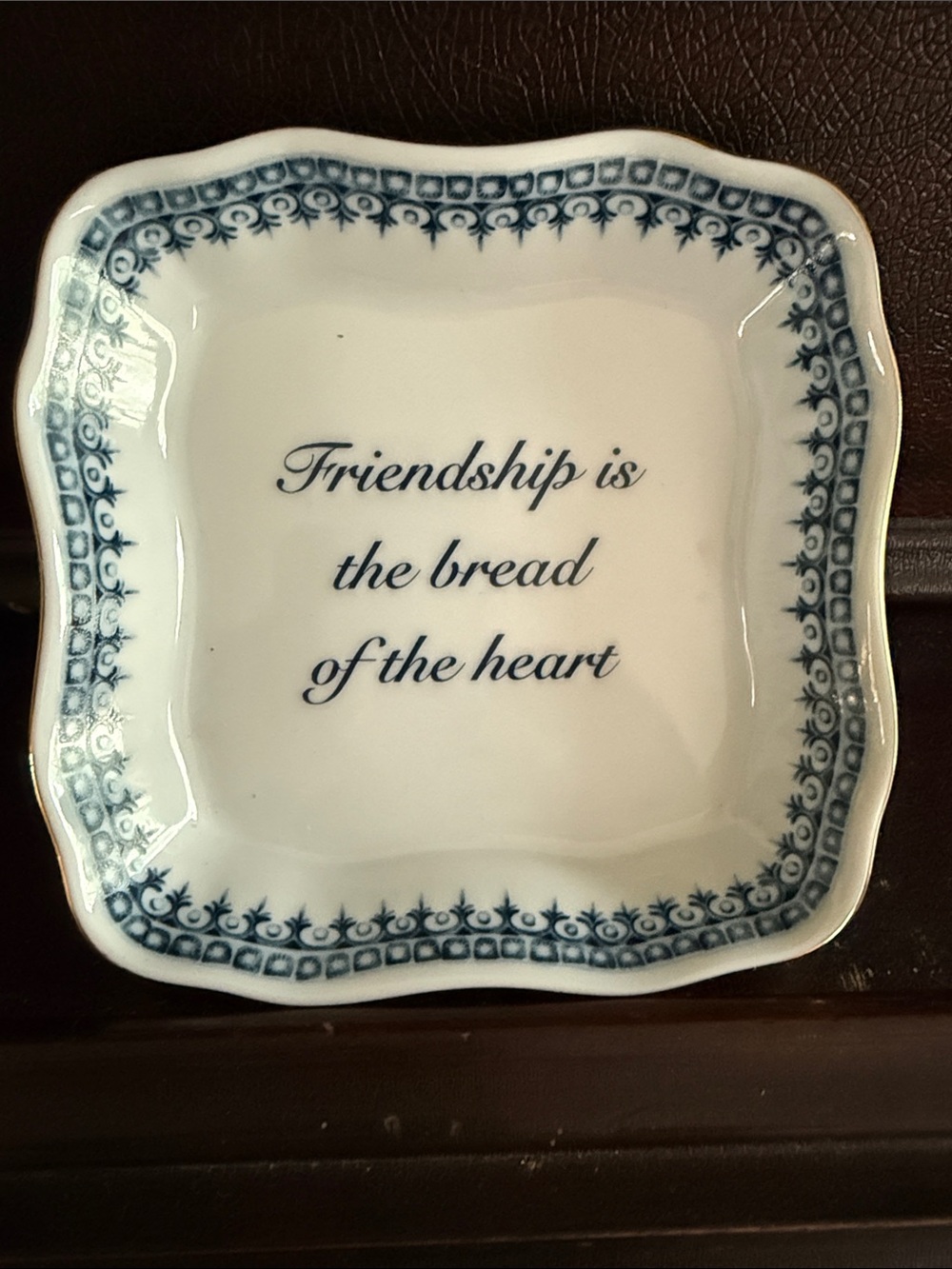 Andrea By Sadek White and Blue Ceramic Trinket Dish with Friendship Quote